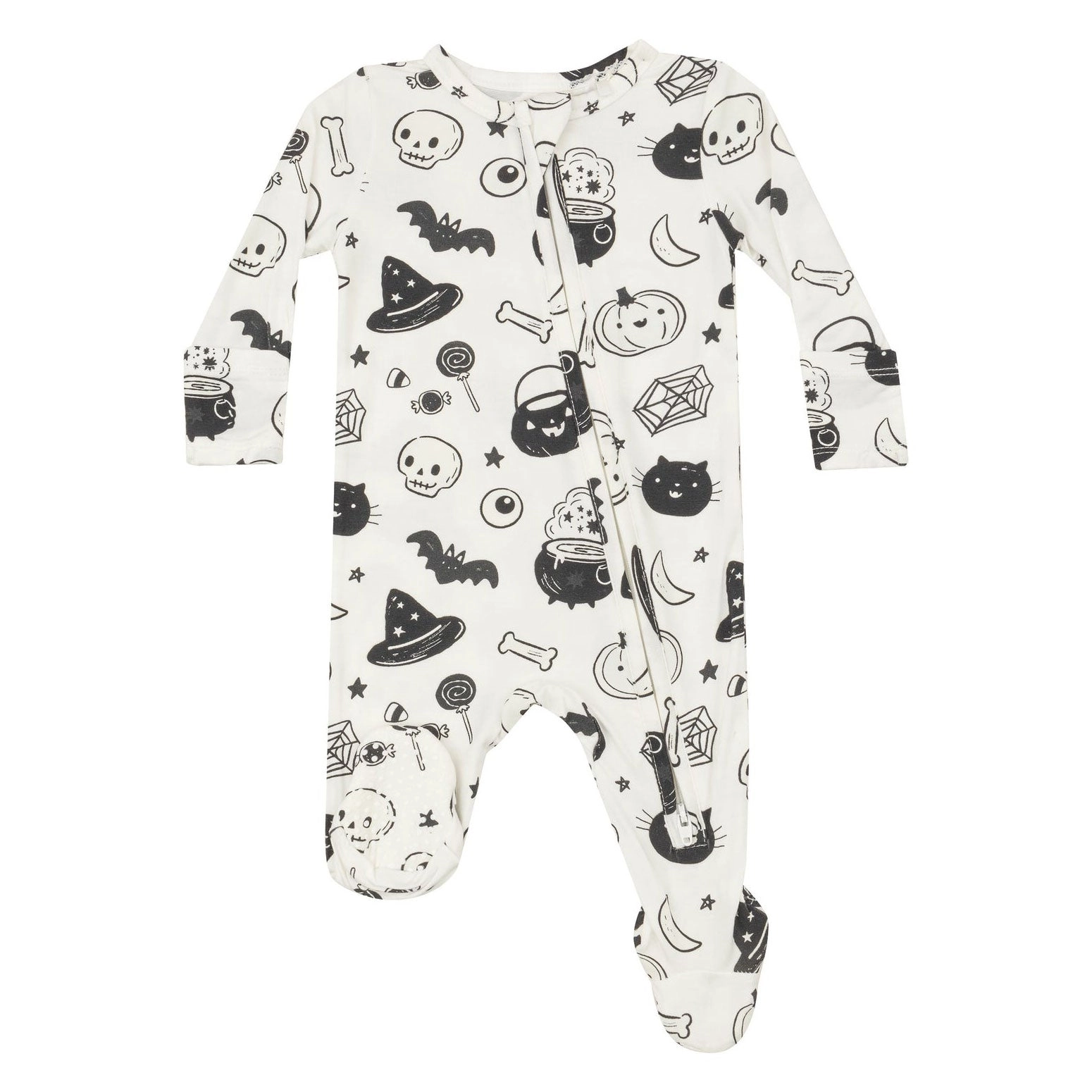 Bamboo 2 Way Zipper Footie - Black and White Halloween - Ivory
