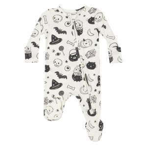 Bamboo 2 Way Zipper Footie - Black and White Halloween - Ivory