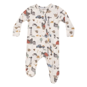 Bamboo 2 Way Zipper Footie - Hay Farmer Blue - Ivory