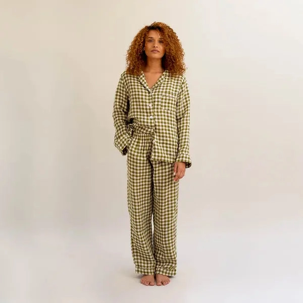 Botanical Green Gingham Women's Linen Pyjama Trouser Set
