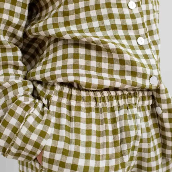 Botanical Green Gingham Women's Linen Pyjama Trouser Set