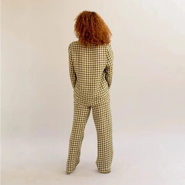 Botanical Green Gingham Women's Linen Pyjama Trouser Set
