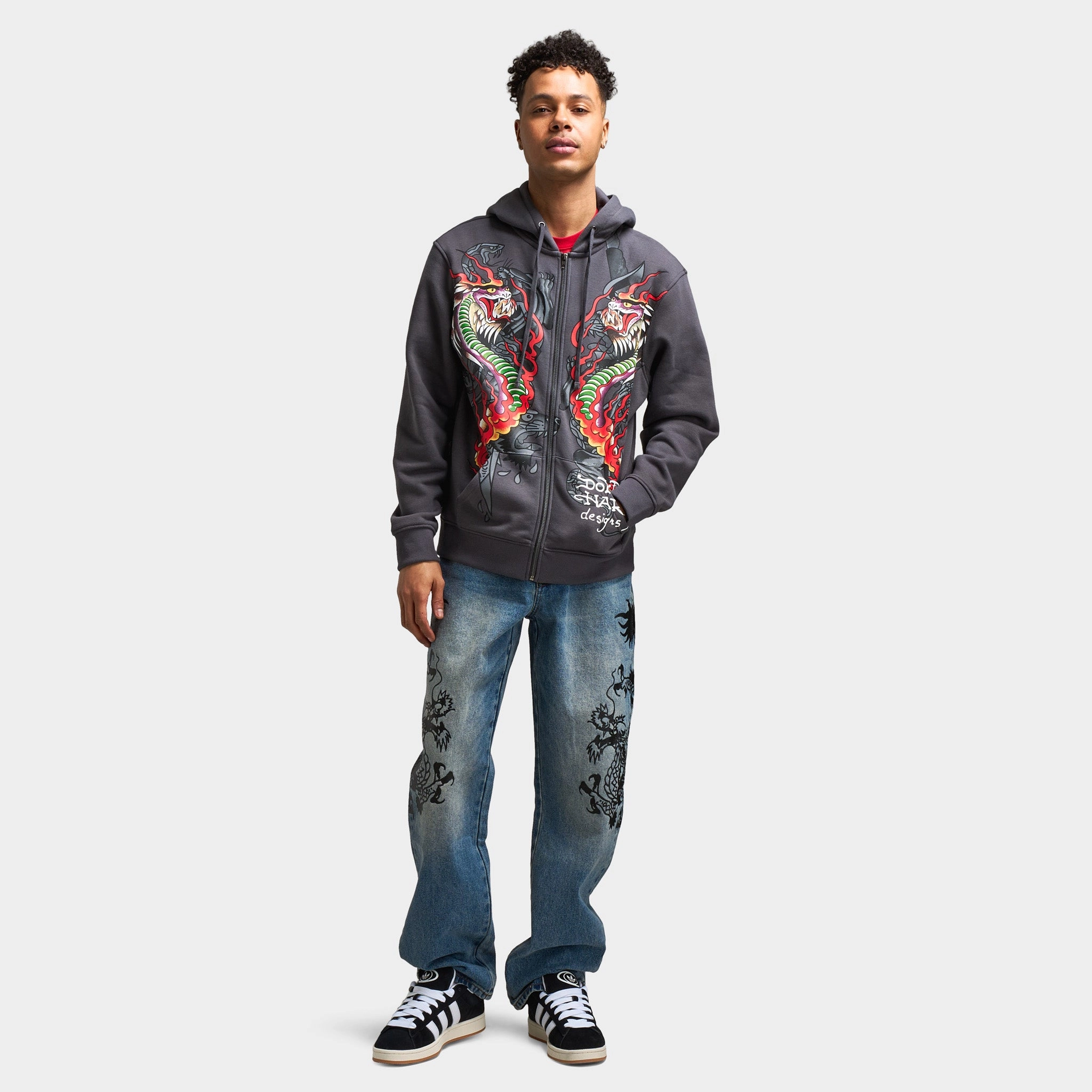 Ed Hardy Dragon Flame Full Zip Hoodie / Charcoal