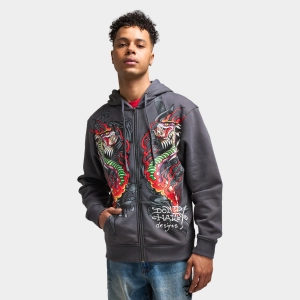 Ed Hardy Dragon Flame Full Zip Hoodie / Charcoal
