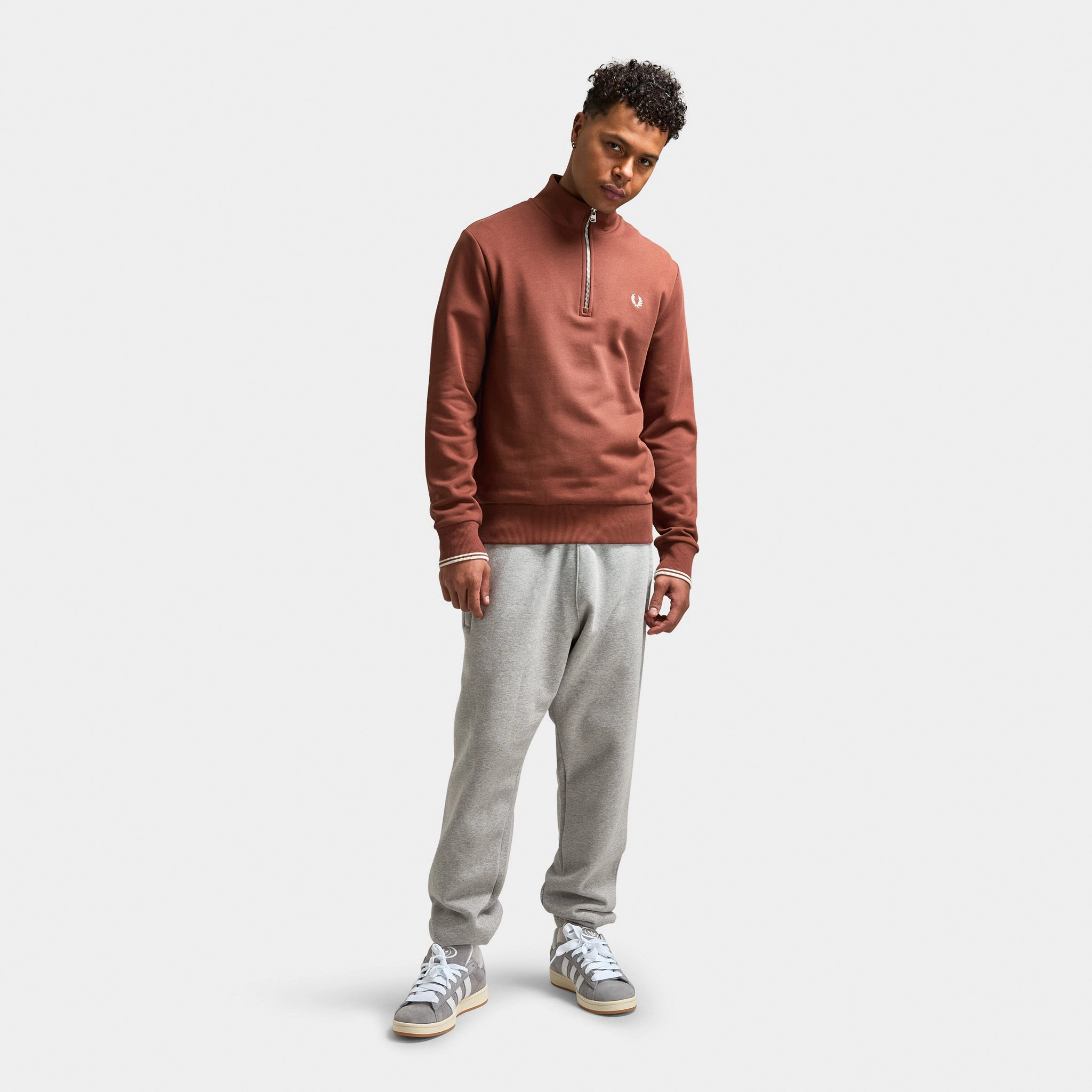 Fred Perry Half Zip Sweatshirt Whiskey Brown / Porridge Marl