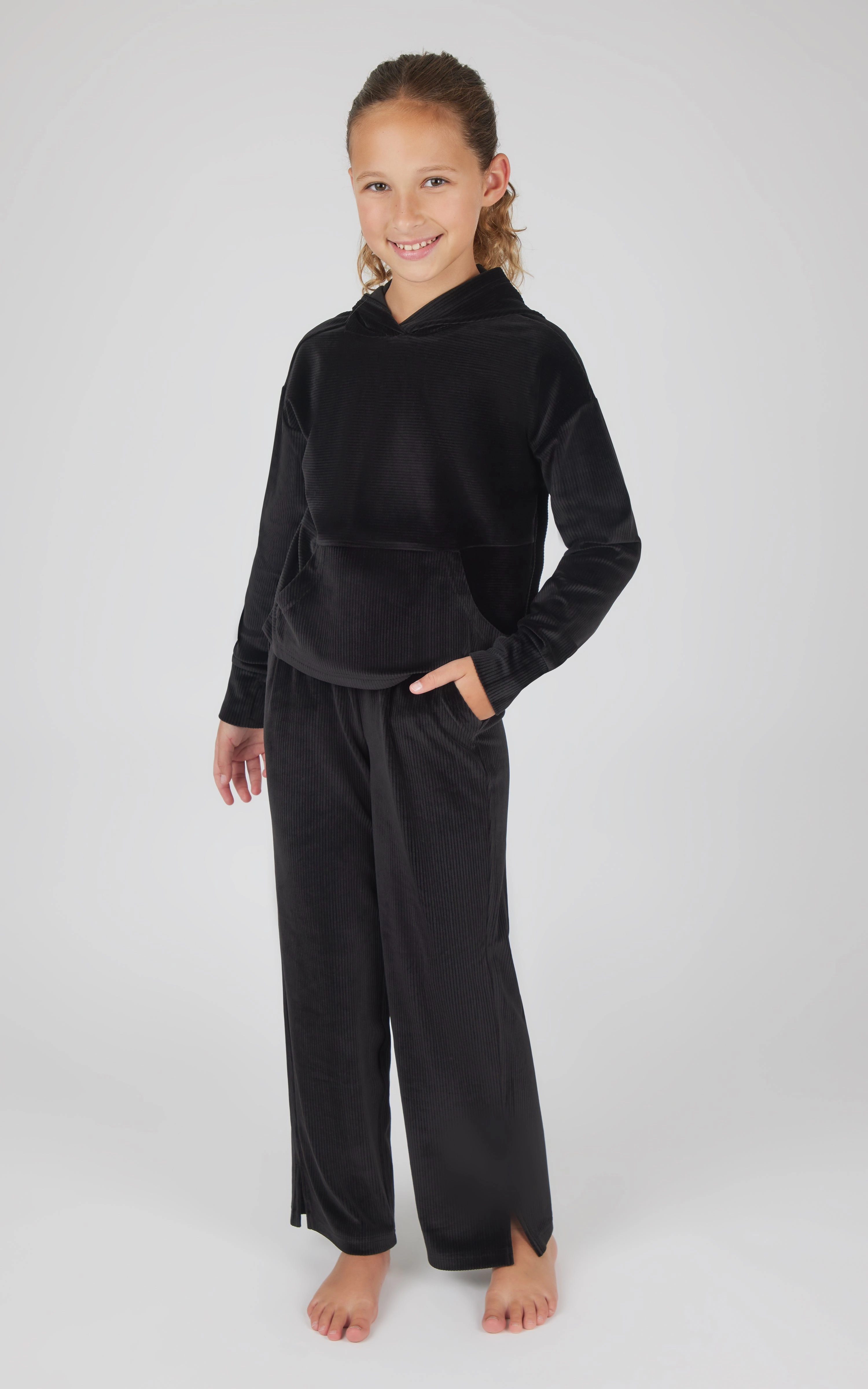 Girls 2 PC Ribbed Velour Hoodie and Straight Leg Pant