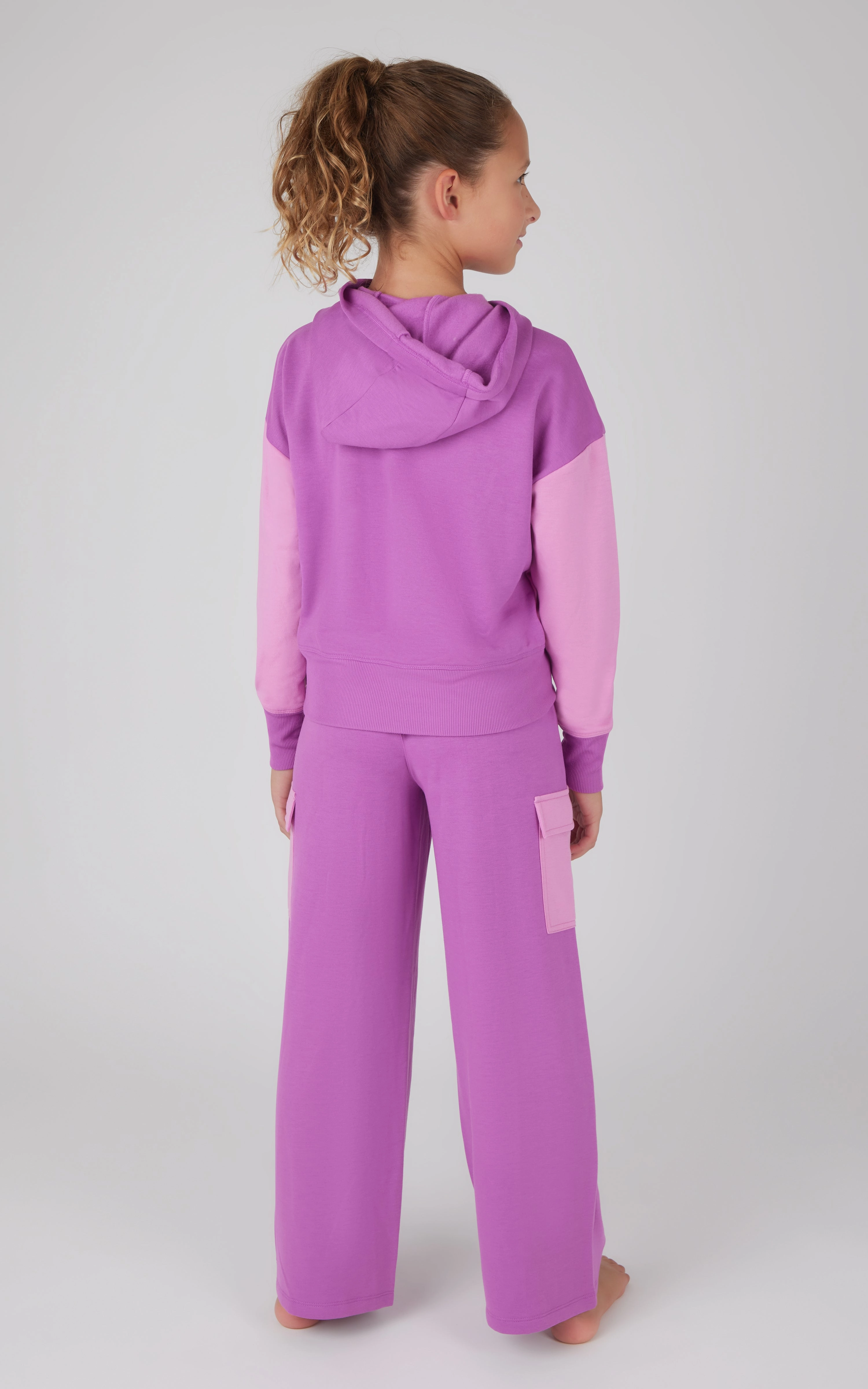 Girls 2 PC Terry Brushed Color Block Sweatshirt and Wide Leg Sweatpant