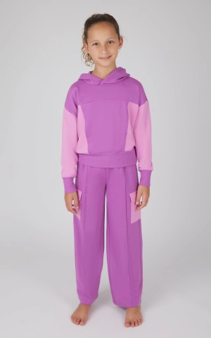 Girls 2 PC Terry Brushed Color Block Sweatshirt and Wide Leg Sweatpant