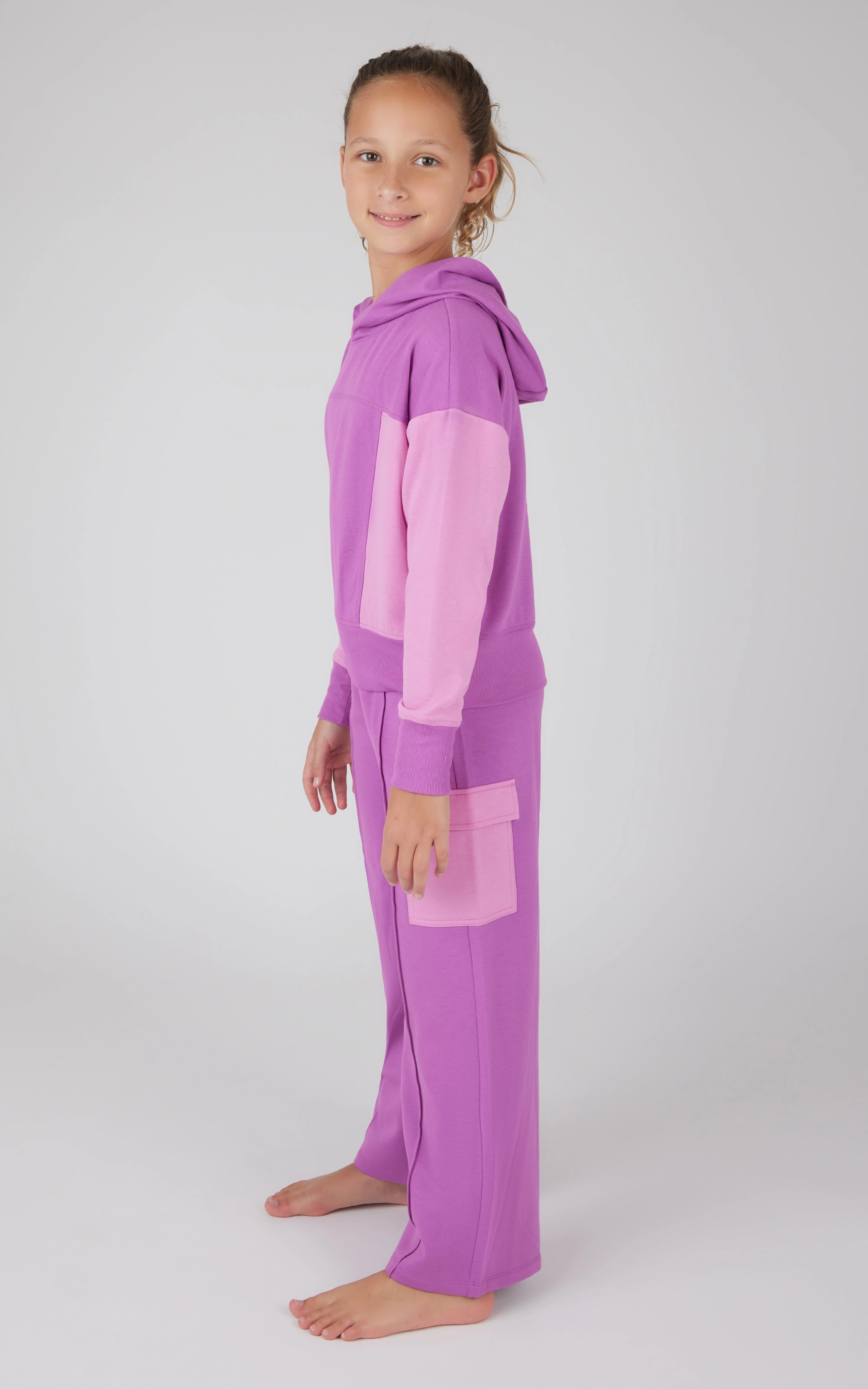 Girls 2 PC Terry Brushed Color Block Sweatshirt and Wide Leg Sweatpant