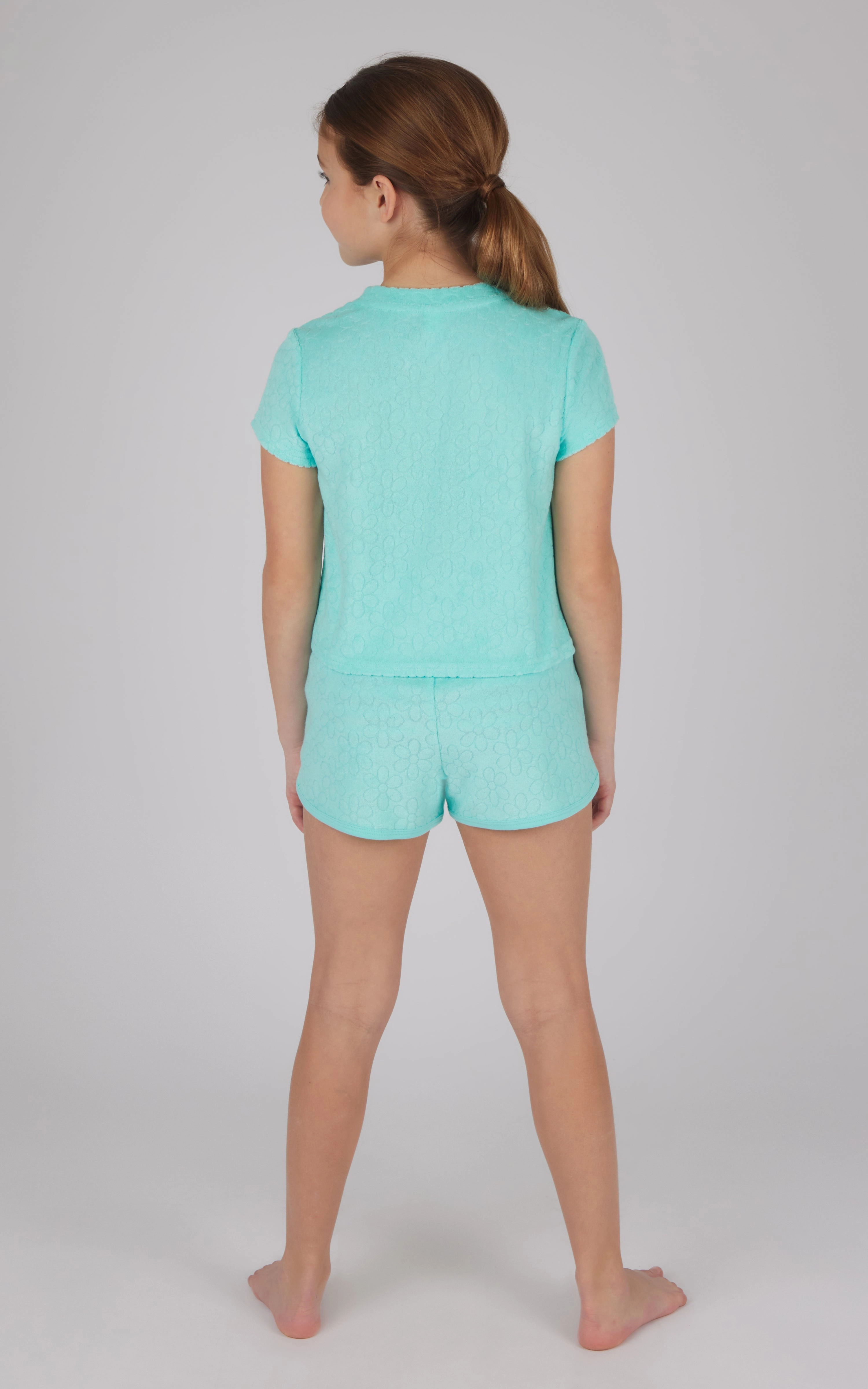 Girls 2 PC Towel Terry Short Sleeve Top   Dolphin Short