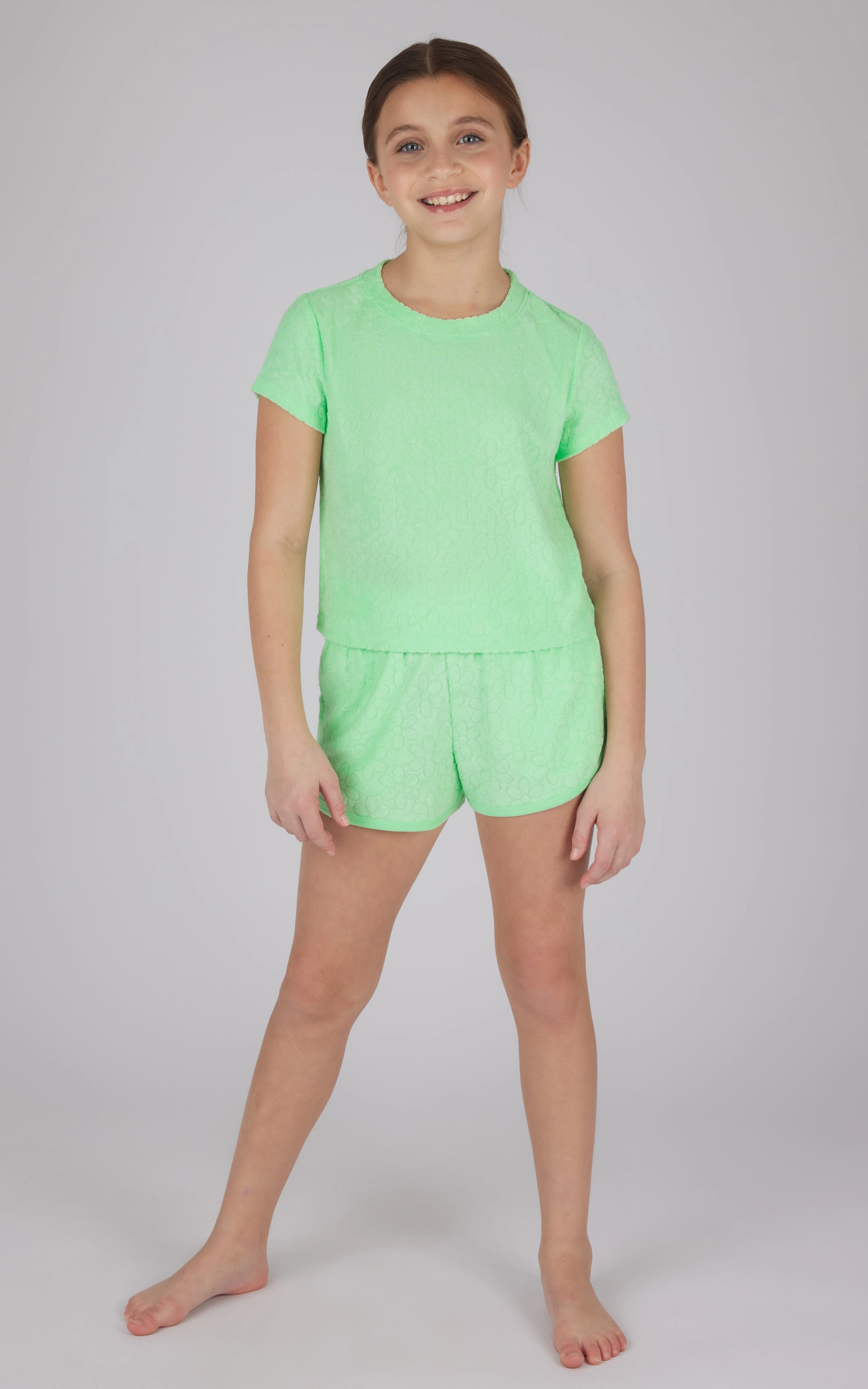 Girls 2 PC Towel Terry Short Sleeve Top   Dolphin Short