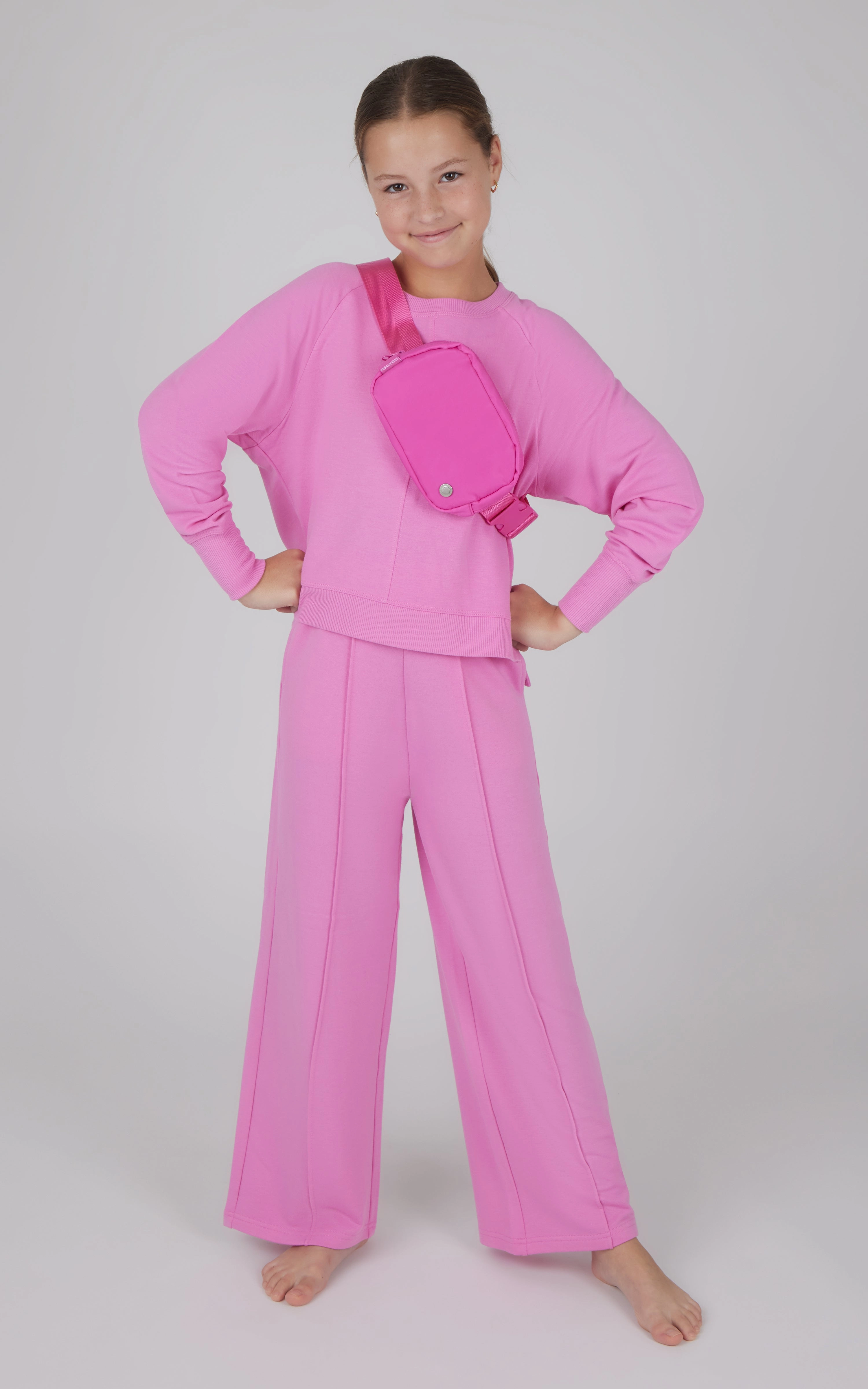 Girls 3 PC Brushed Terry Sweatshirt   Wide Leg Pant   Fanny Pack