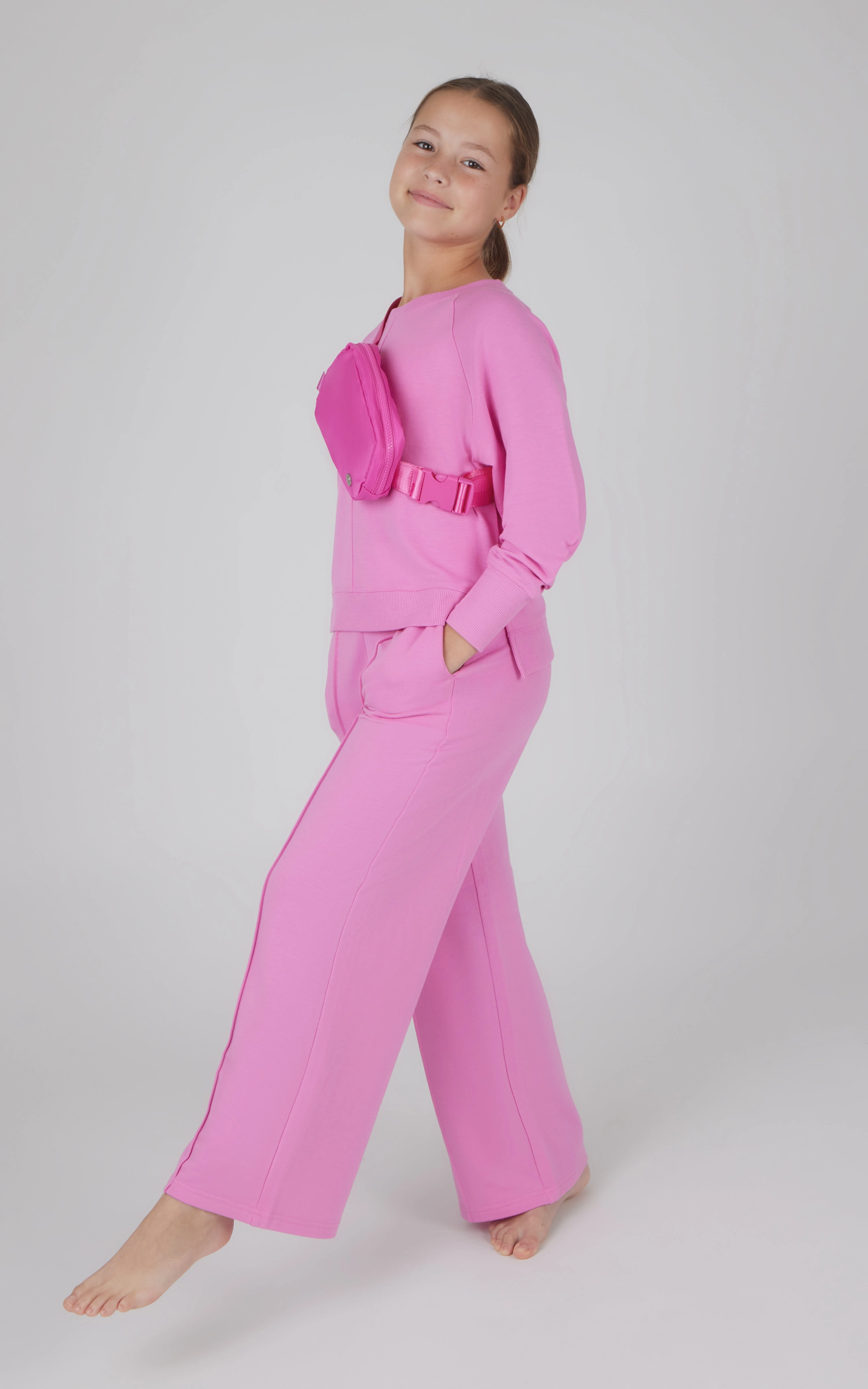 Girls 3 PC Brushed Terry Sweatshirt   Wide Leg Pant   Fanny Pack