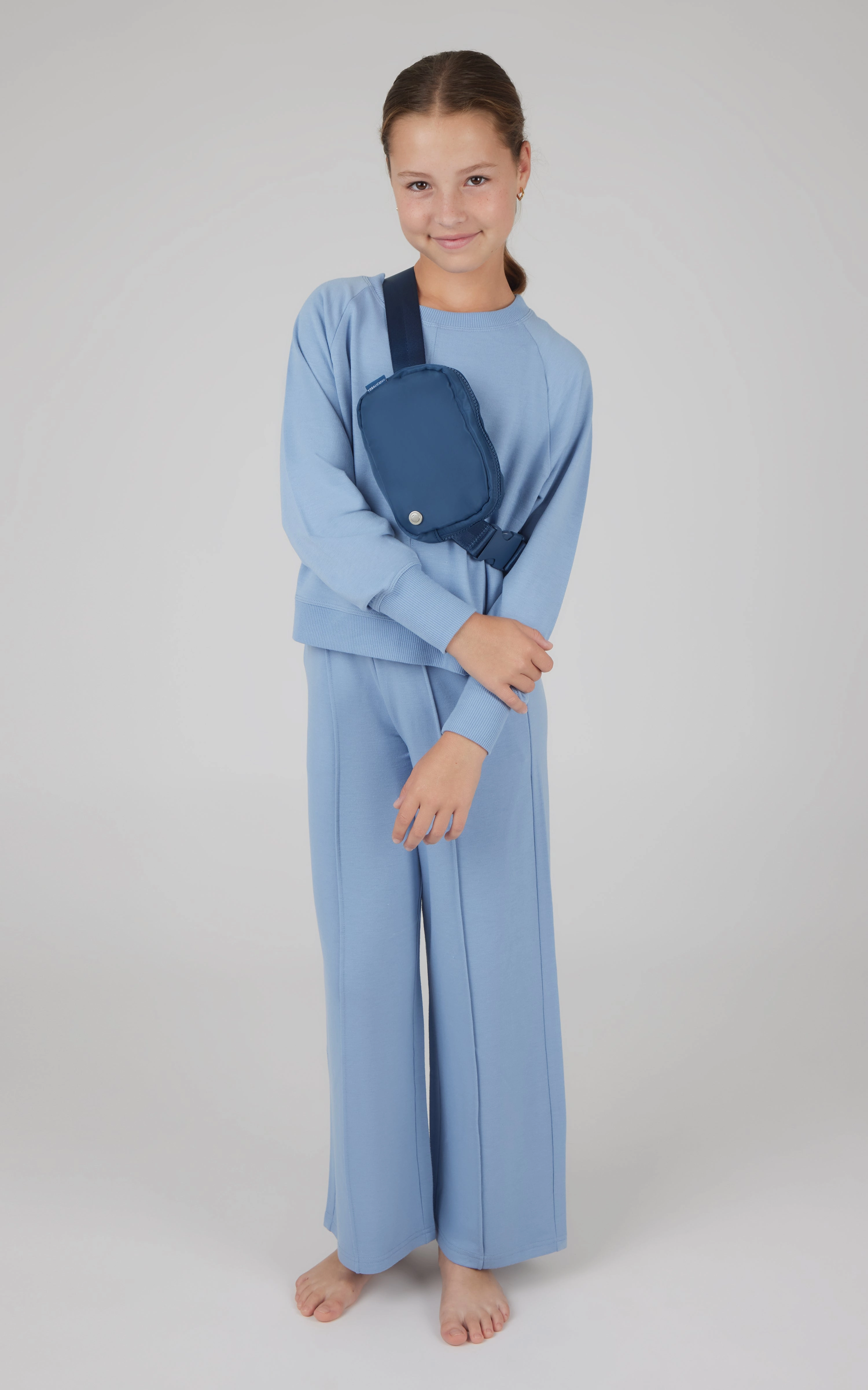 Girls 3 PC Brushed Terry Sweatshirt   Wide Leg Pant   Fanny Pack