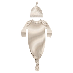 Knotted Baby Gown   Hat Set - Latte Stripe - FINAL SALE