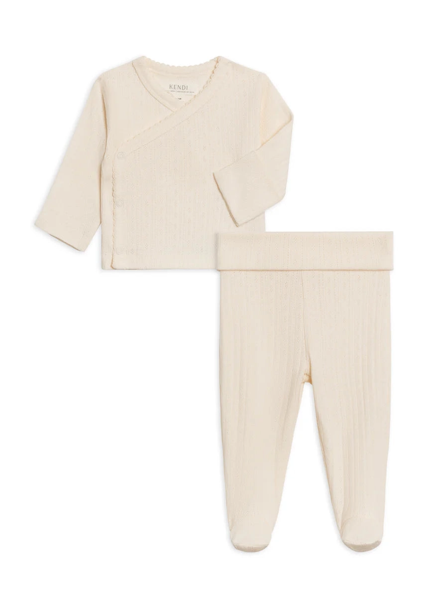 Lacey Pointelle Kimono Top & Pant Set - Ivory