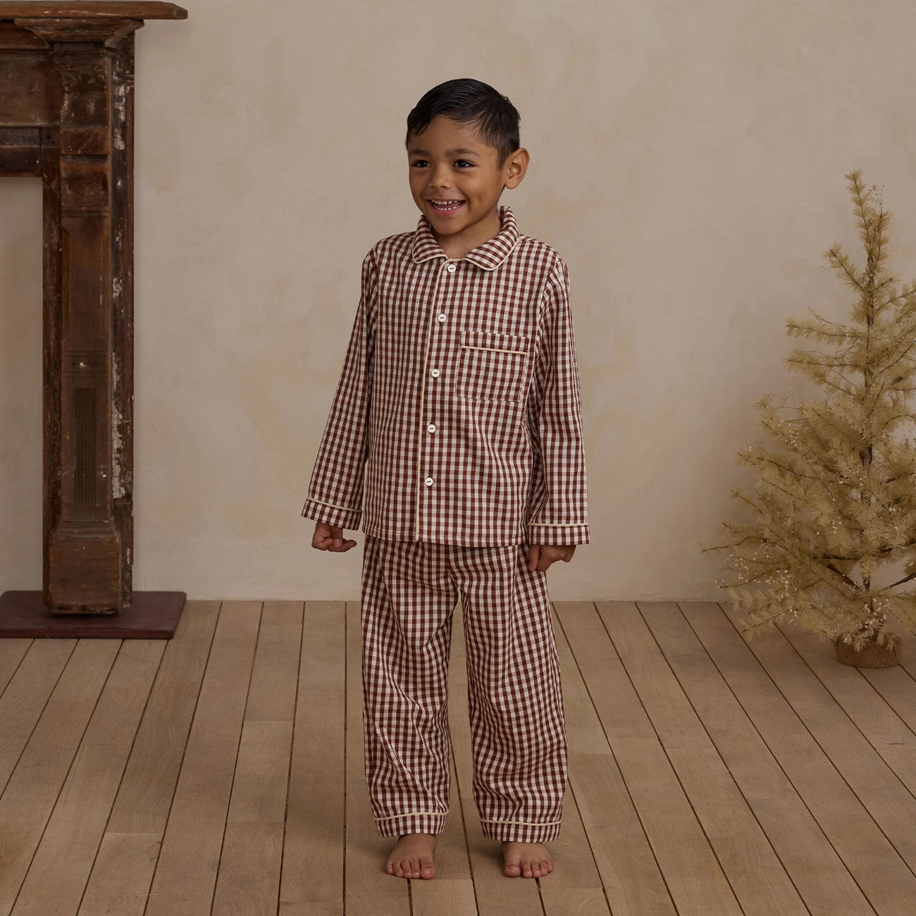 Long Sleeve Pajamas - Brick Gingham - FINAL SALE