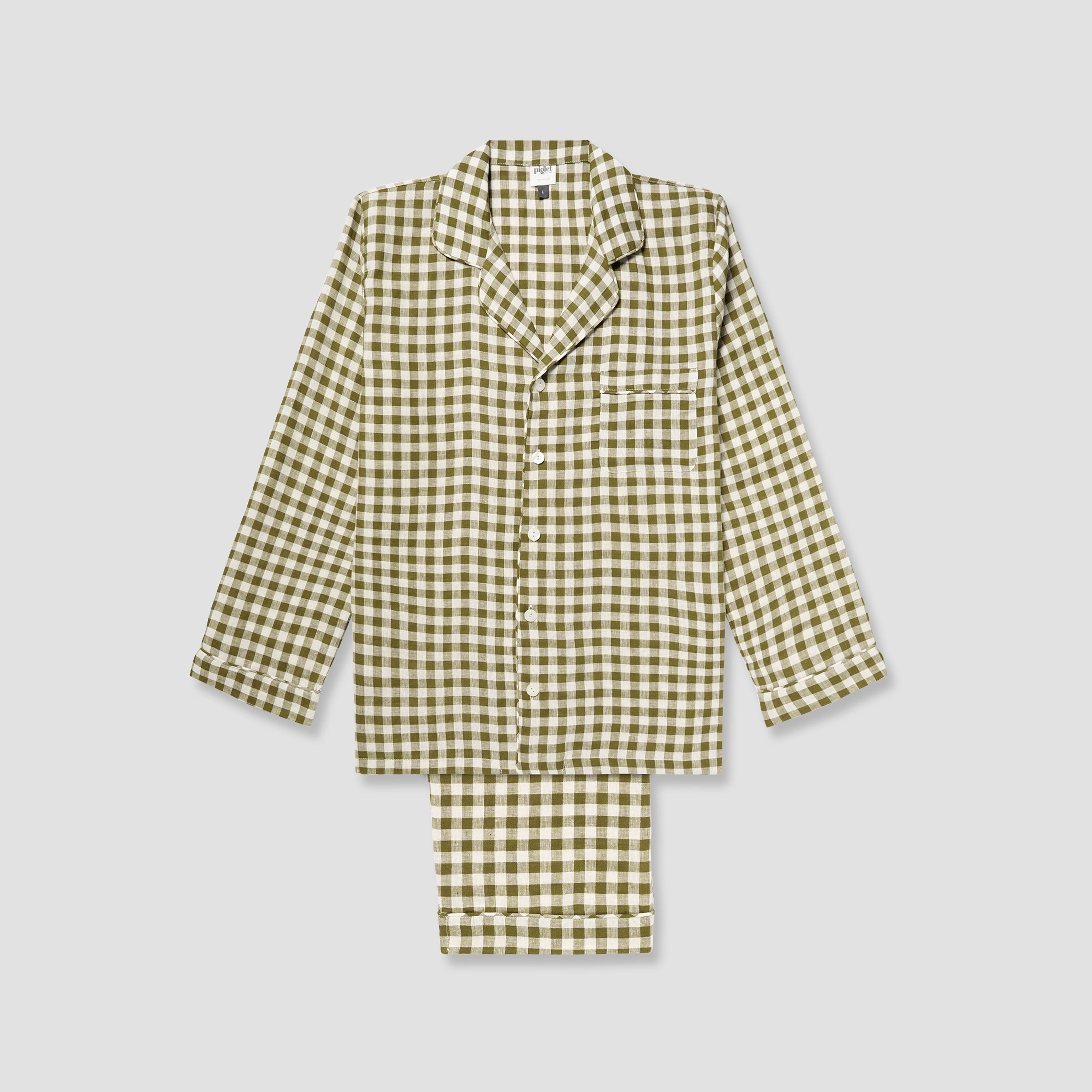 Men's Botanical Green Gingham Linen Pyjama Trouser Set