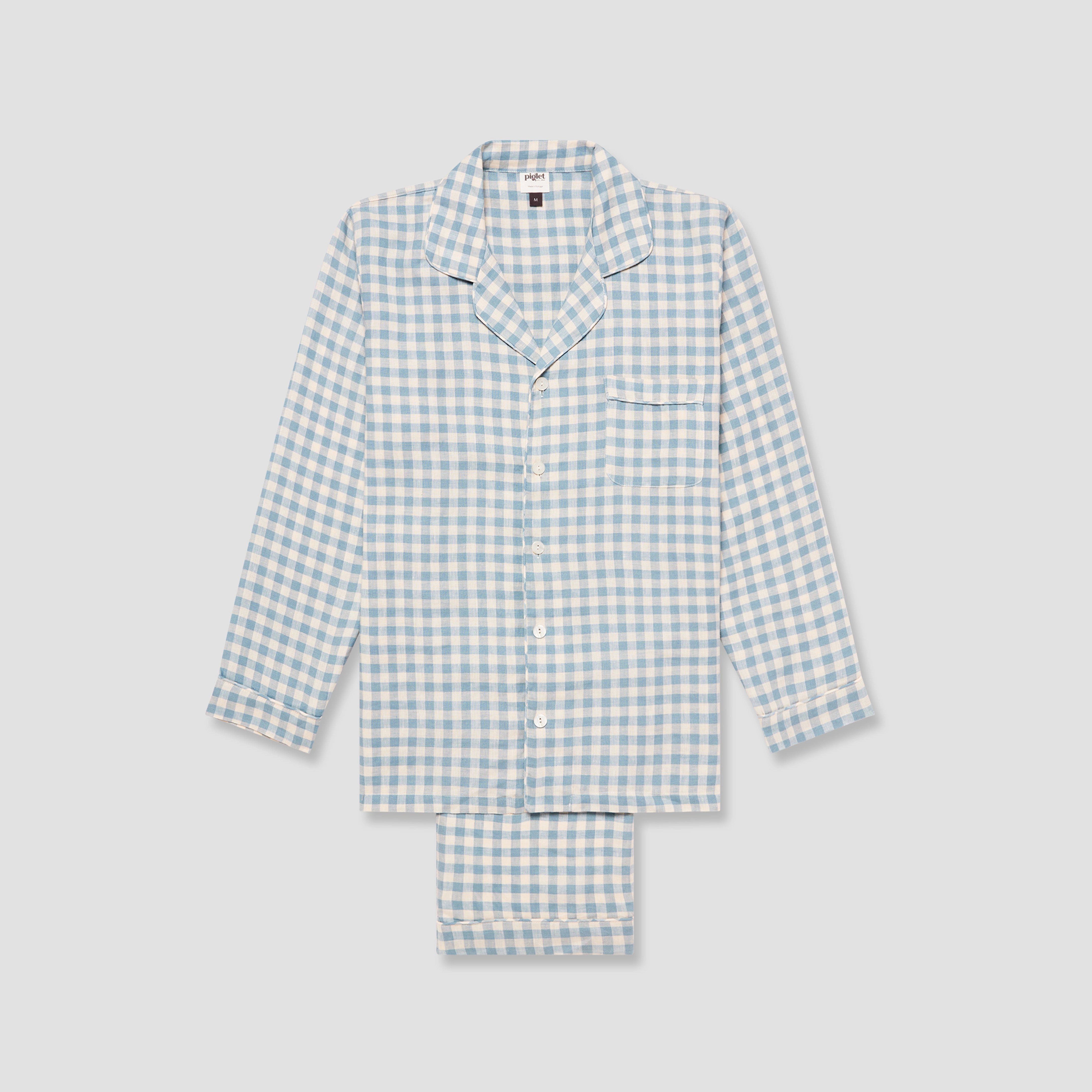 Men's Warm Blue Gingham Linen Pyjama Trouser Set