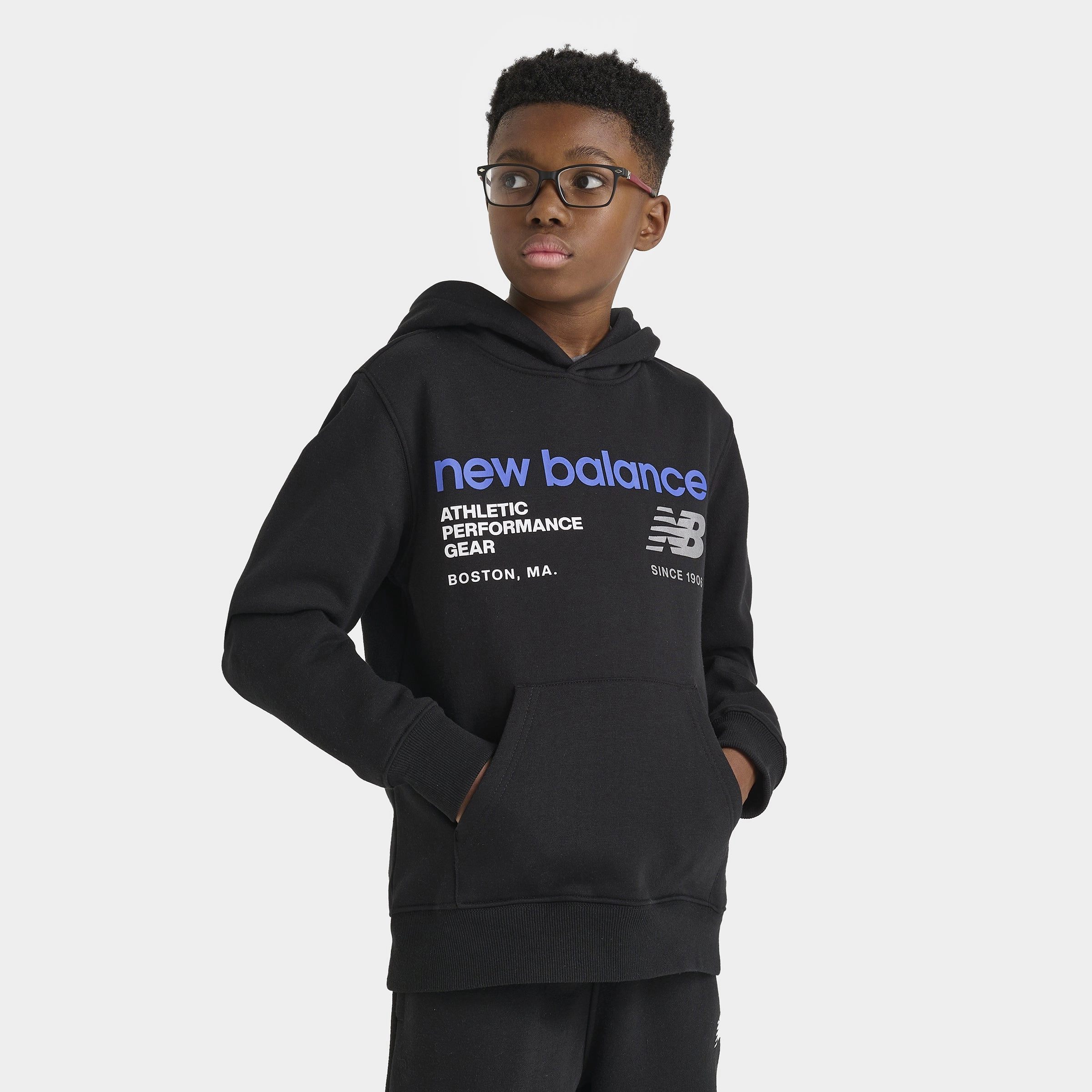 New Balance Junior Boys' Linear Logo Pullover Hoodie / Black