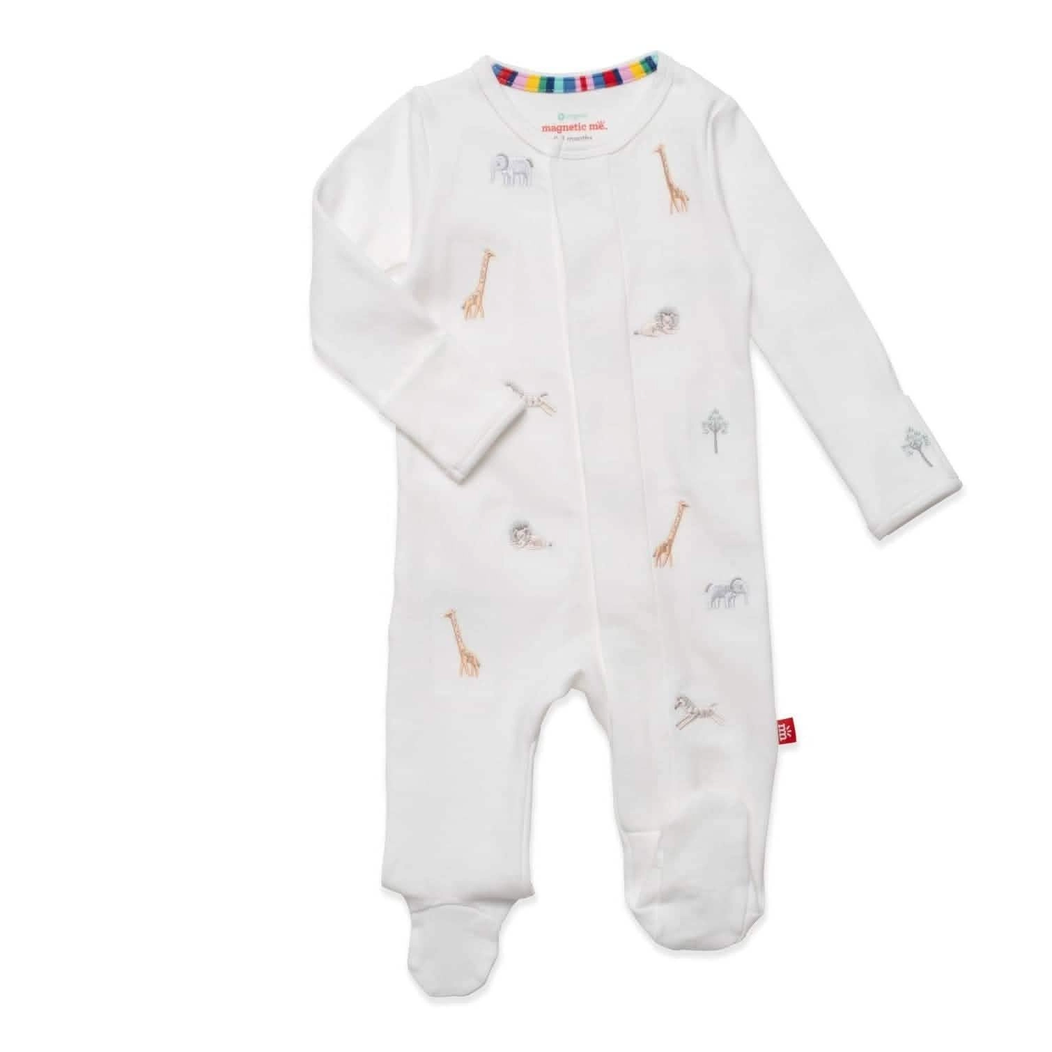 Organic Cotton Magnetic Footie - White Serene Safari