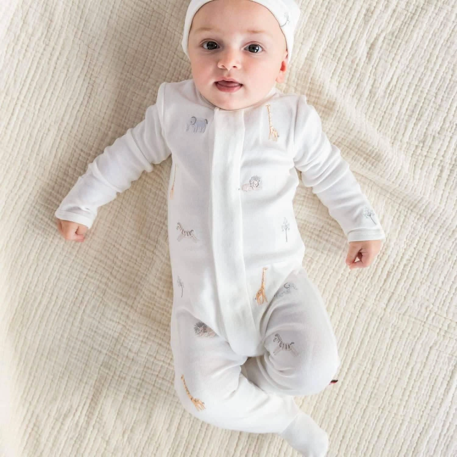 Organic Cotton Magnetic Footie - White Serene Safari