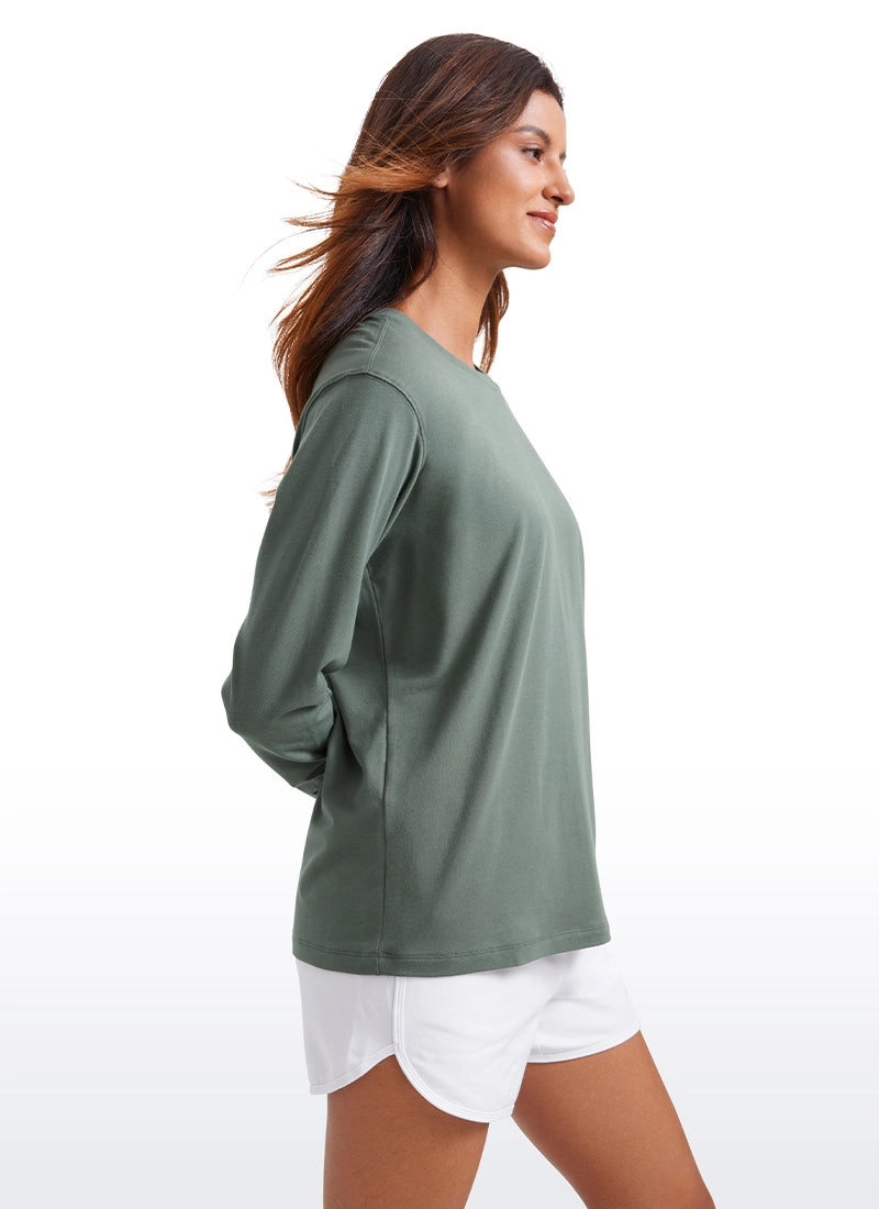 Pima Cotton Long Sleeve Loose Shirts Crew Neck