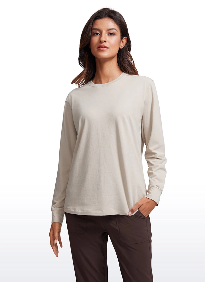 Pima Cotton Long Sleeve Loose Shirts Crew Neck
