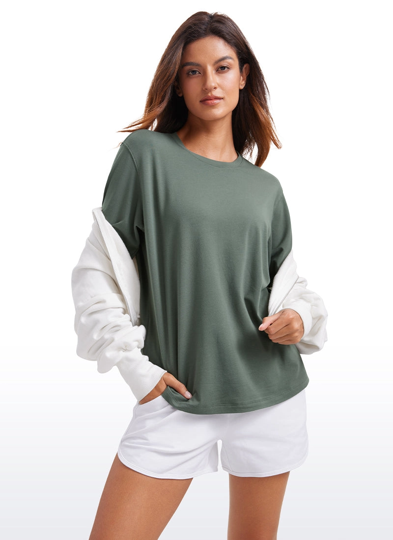 Pima Cotton Long Sleeve Loose Shirts Crew Neck