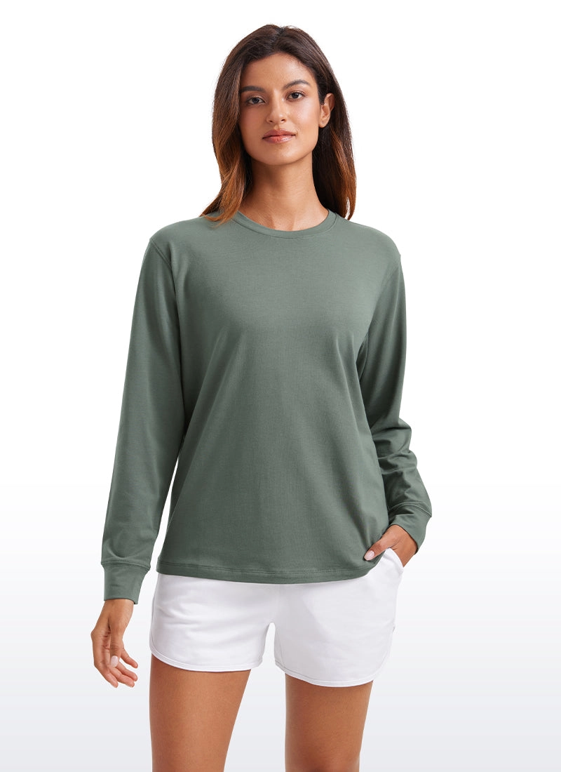Pima Cotton Long Sleeve Loose Shirts Crew Neck