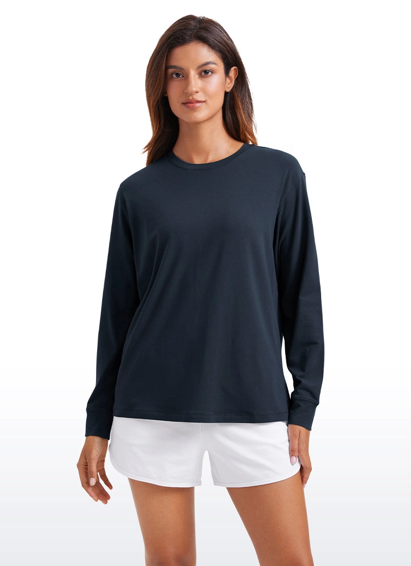 Pima Cotton Long Sleeve Loose Shirts Crew Neck