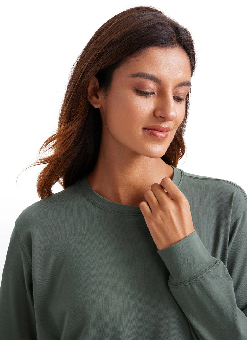 Pima Cotton Long Sleeve Loose Shirts Crew Neck