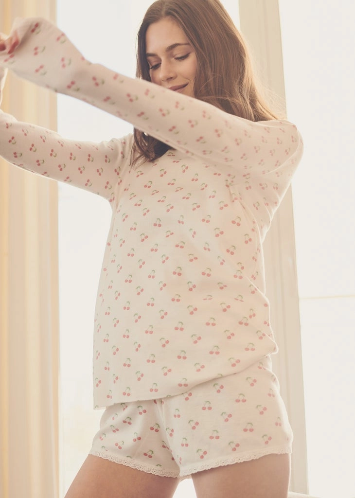 Polkadot CHERRY Print RACHEL SLOUCHY Crew LS w Scallop