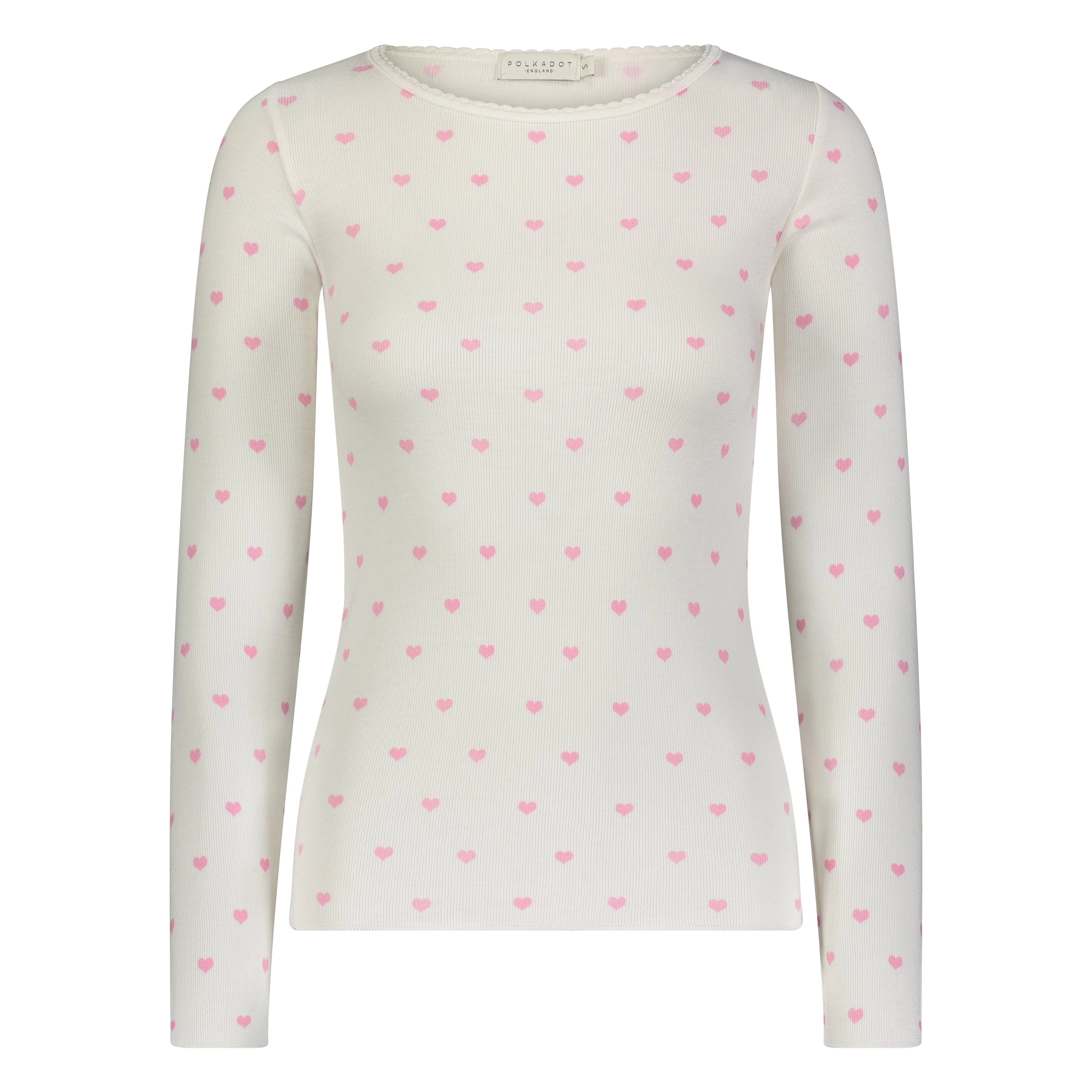 Polkadot Pink Hearts Print VAL CREW LS w Scallop -Restocked