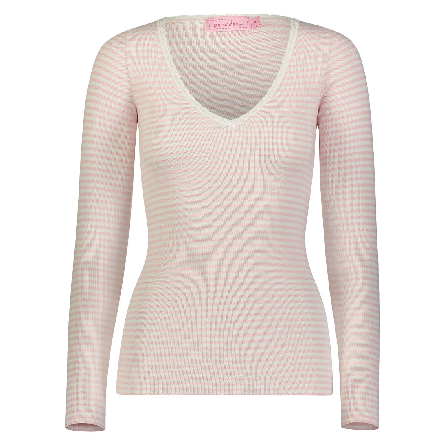 Polkadot V NECK LS TOP Pink Sailor Stripe w Lace