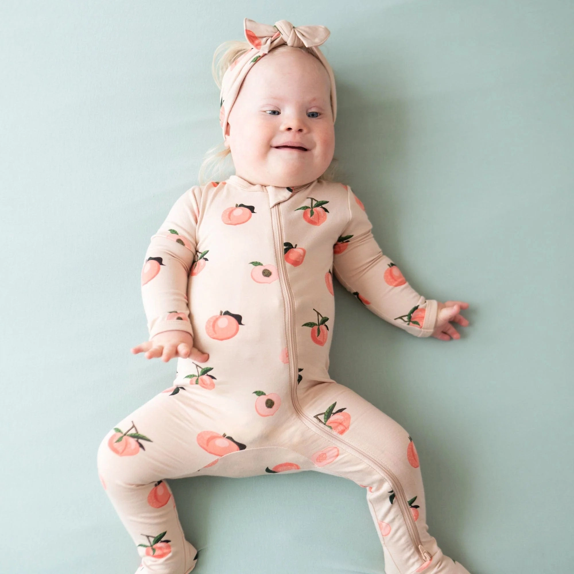 Printed Zippered Footie - Peach