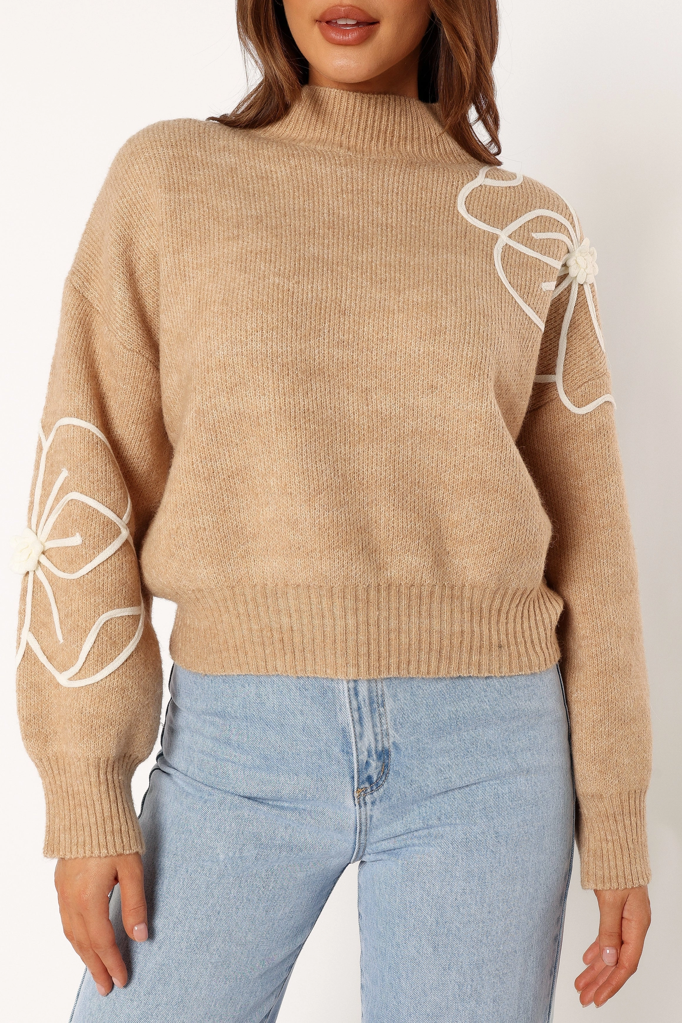 Rebecca Flower Embroidery Mockneck Knit Sweater - Taupe