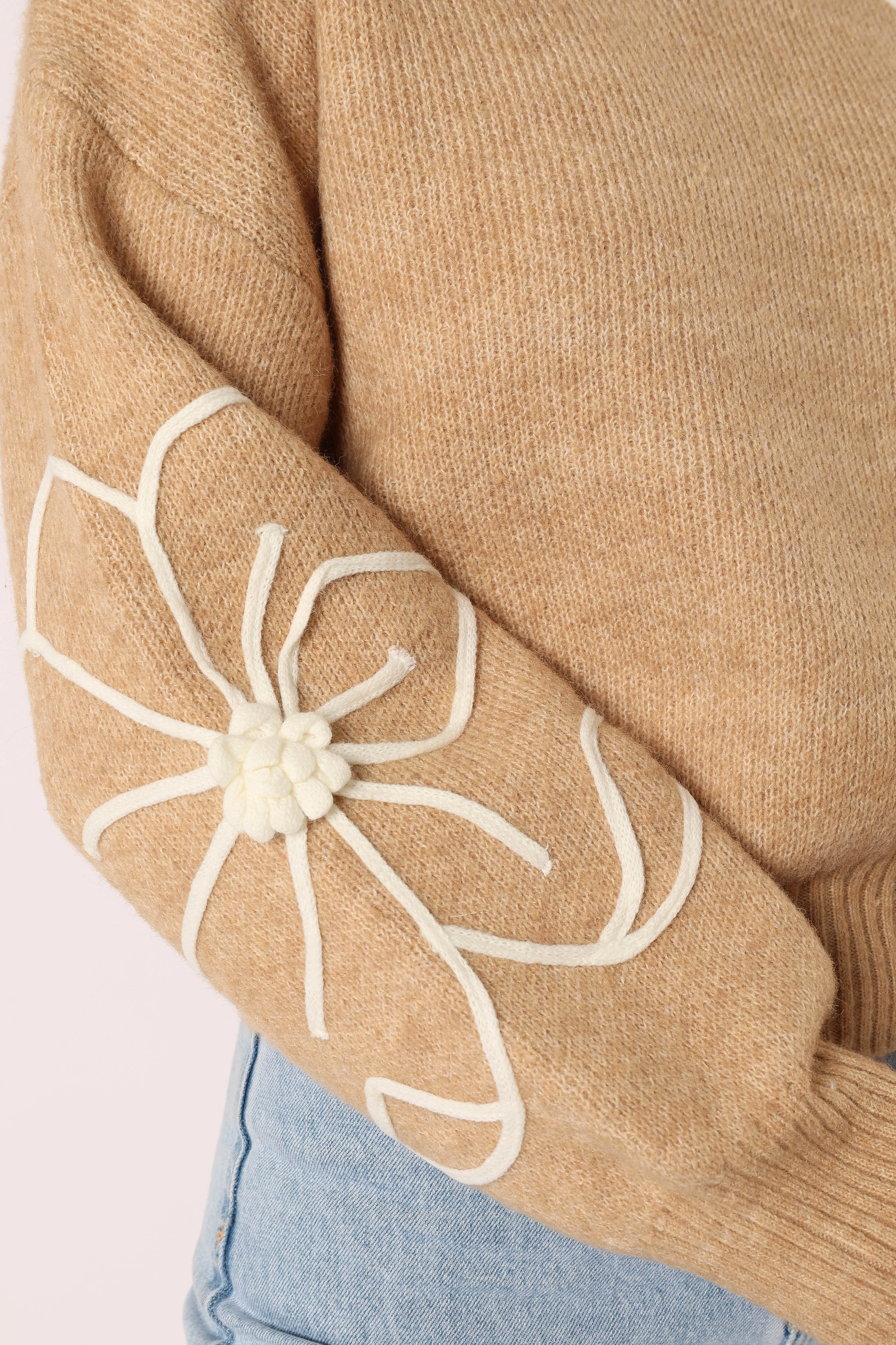 Rebecca Flower Embroidery Mockneck Knit Sweater - Taupe