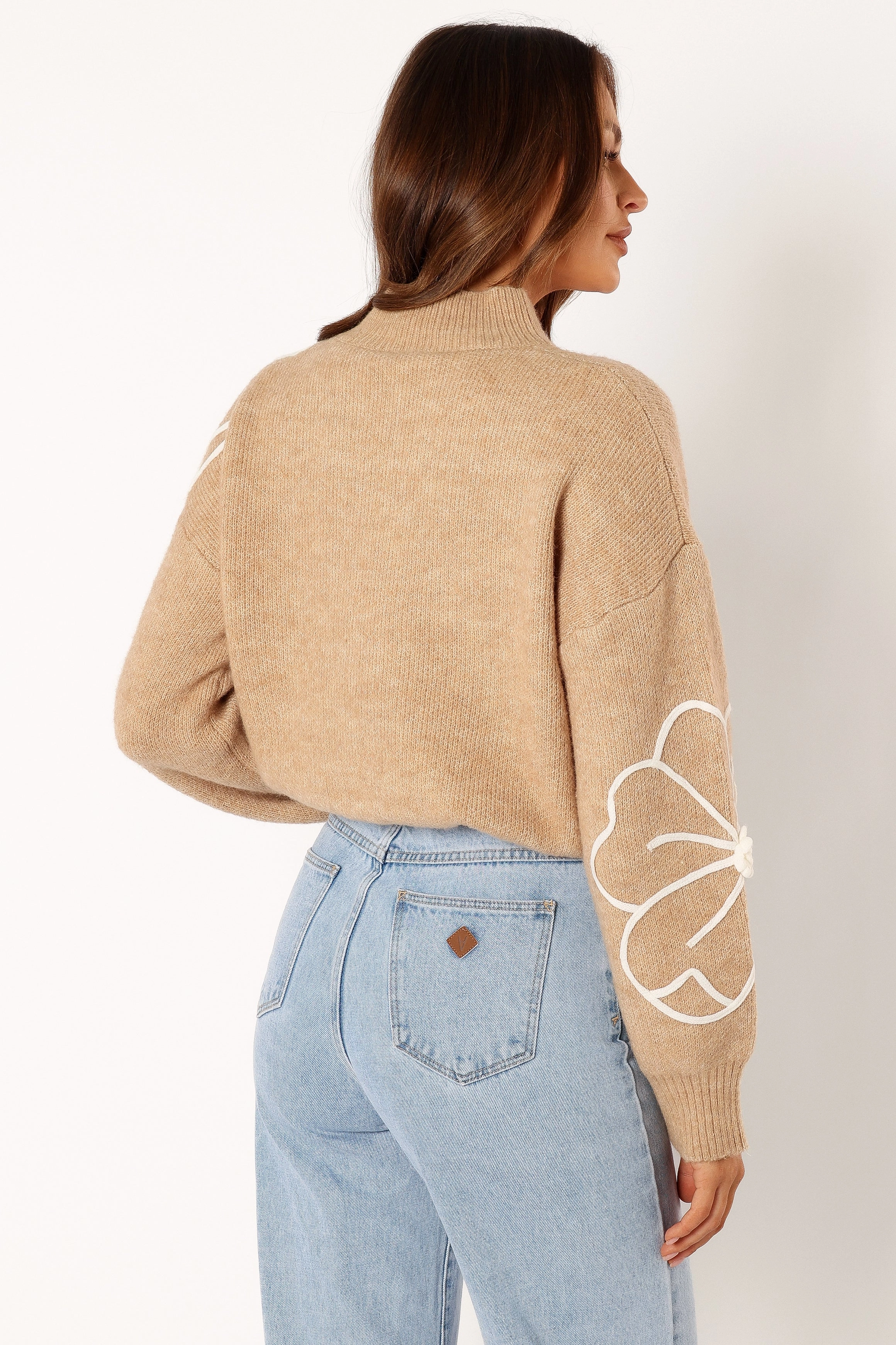 Rebecca Flower Embroidery Mockneck Knit Sweater - Taupe
