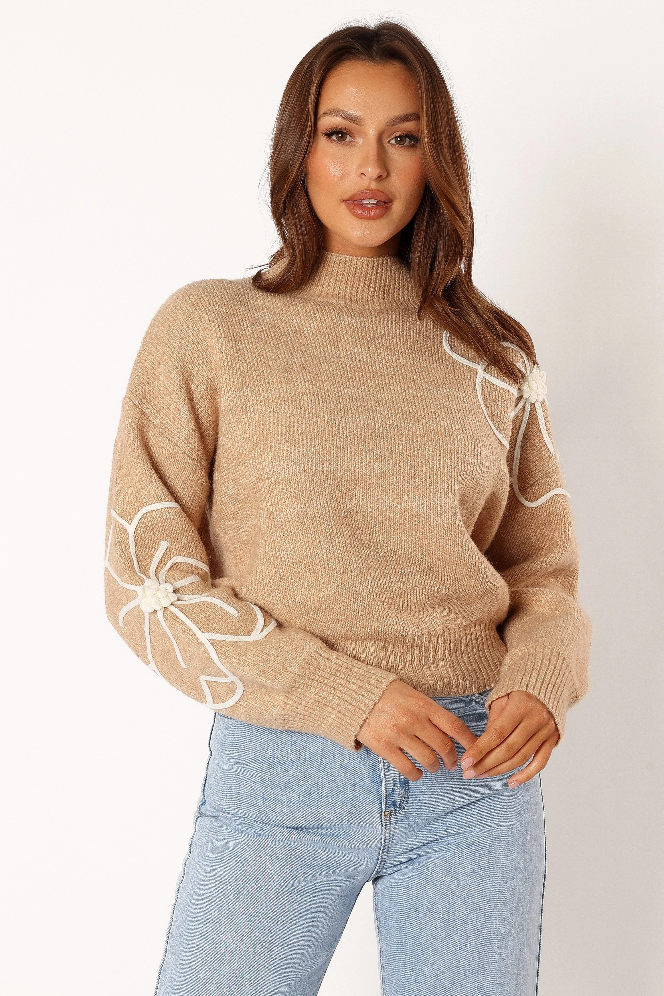 Rebecca Flower Embroidery Mockneck Knit Sweater - Taupe