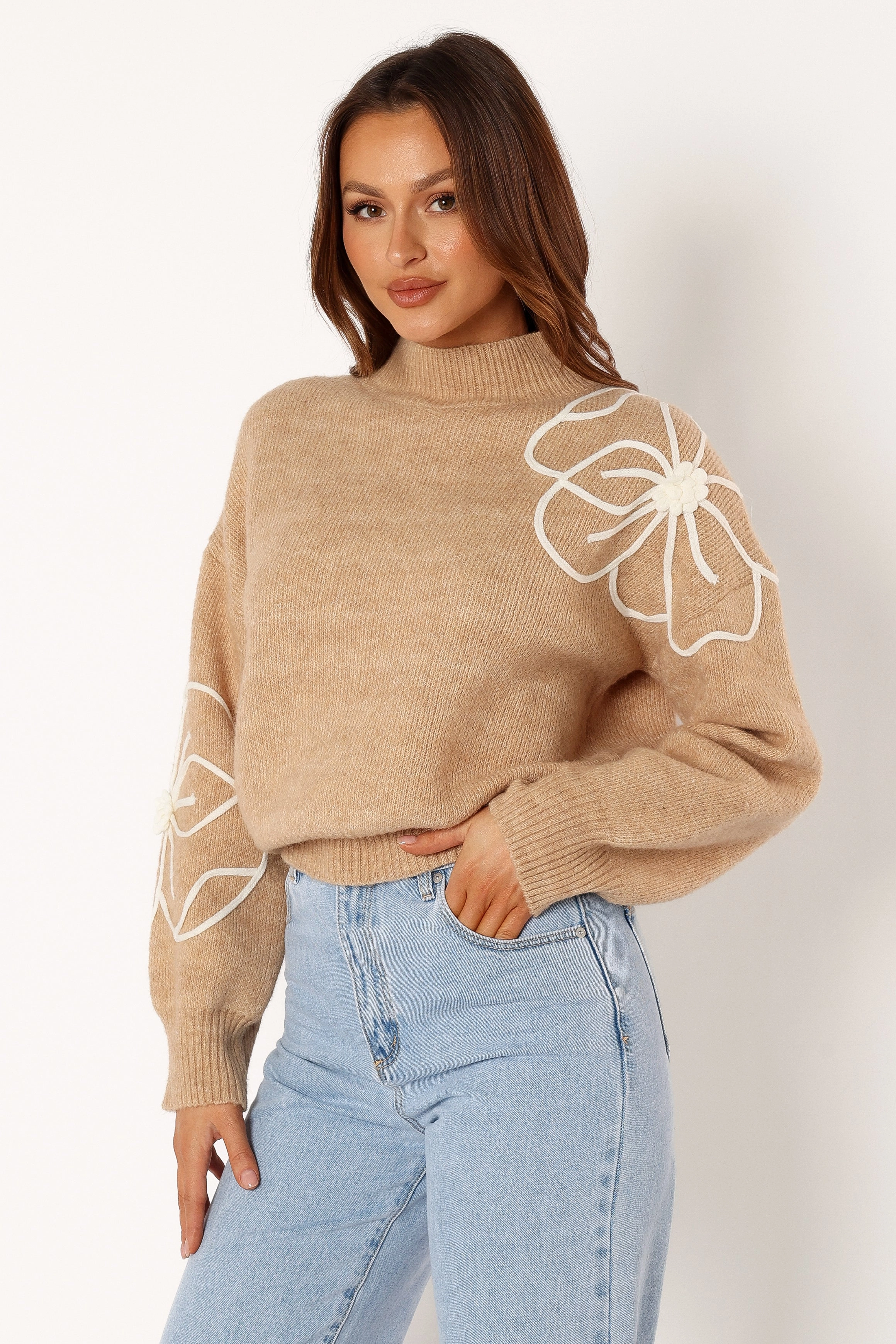 Rebecca Flower Embroidery Mockneck Knit Sweater - Taupe
