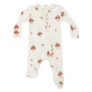 Rib Modal 2 Way Zipper Footie - Mushrooms - White