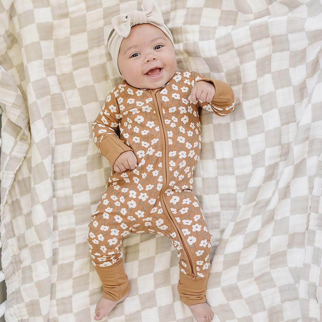 Ribbed Bamboo Zipper Pajama - Mustard Floral