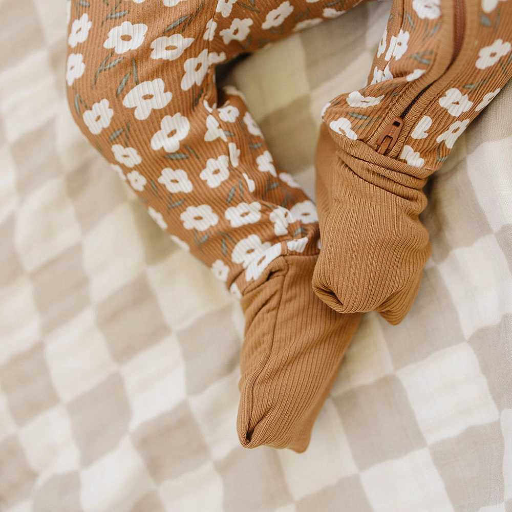 Ribbed Bamboo Zipper Pajama - Mustard Floral