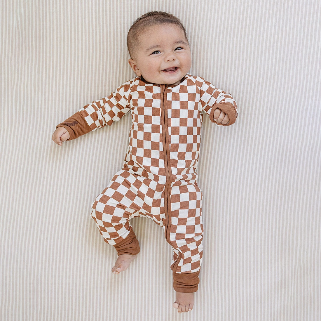 Ribbed Bamboo Zipper Pajama - Rust Checkered