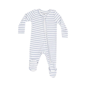 Ribbed Modal 2 Way Zipper Footie - French Stripe Dusty Blue