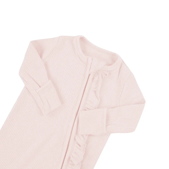 Ribbed Ruffle Zipper Footie - Blush