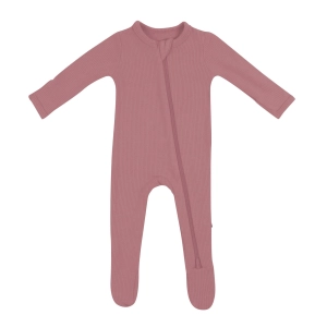 Ribbed Zipper Footie - Dusty Rose