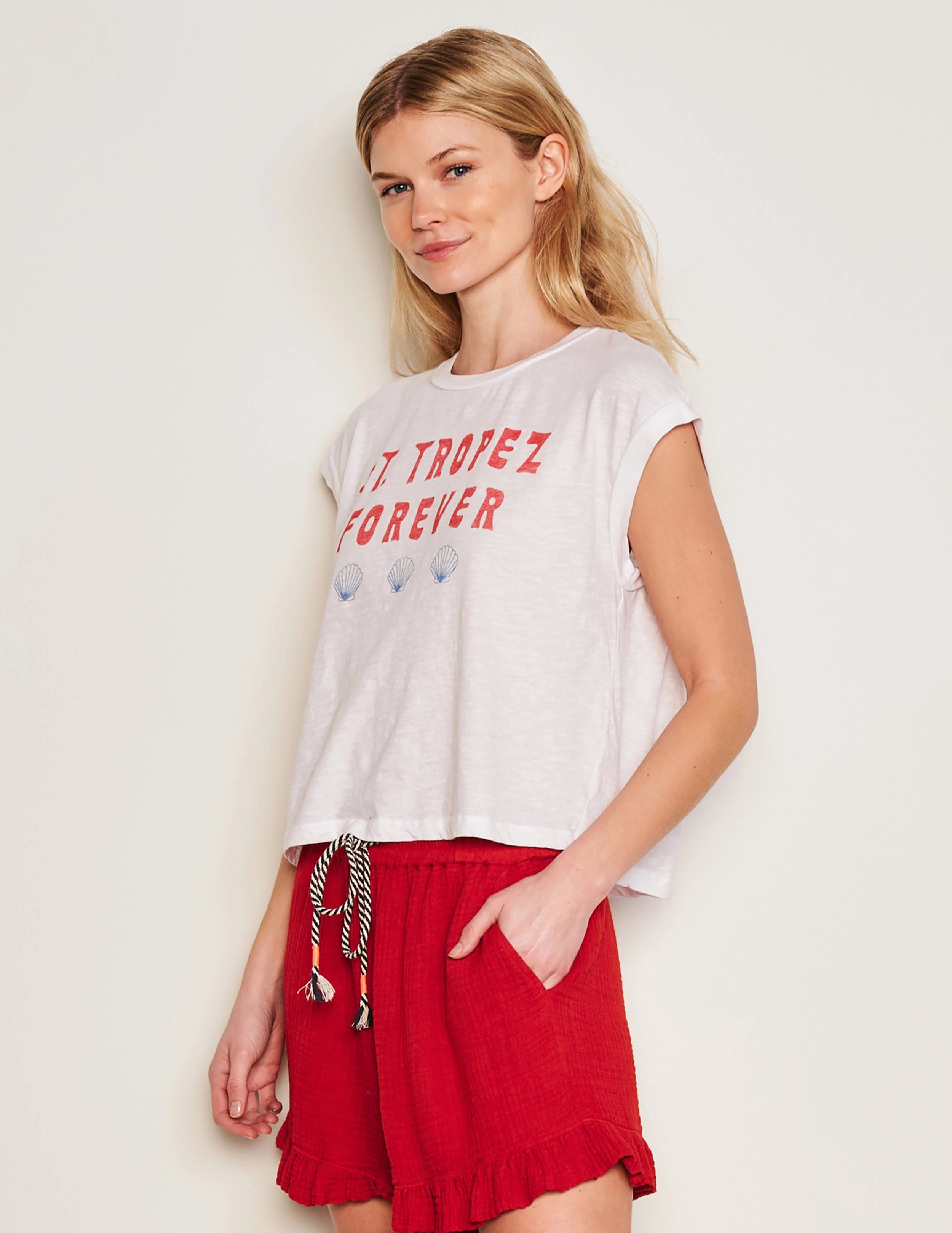 Sundry Forever Muscle Tank & Flutter Short in Optic White & Burnt Red