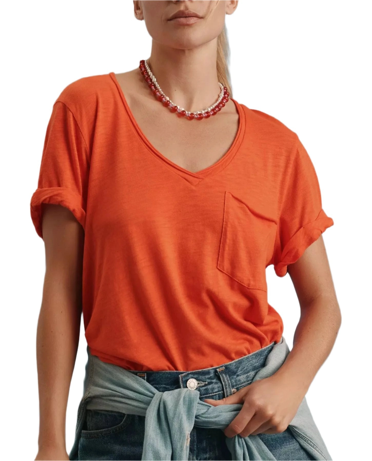 TLA  V-Neck Tee Shirt with Pocket and Plus